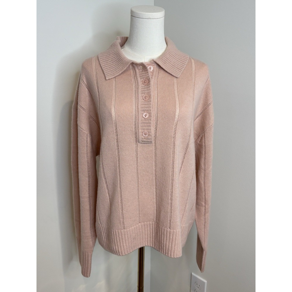 J.Crew Cashmere Pointelle Sweater-Polo Soft Pink Pastel Lace Knit Women's L $348